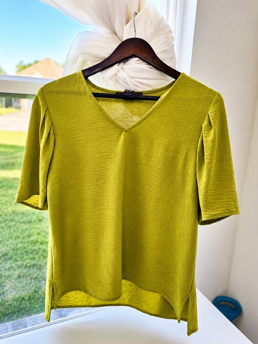V-Neck Short Sleeve Blouse in Chartreuse